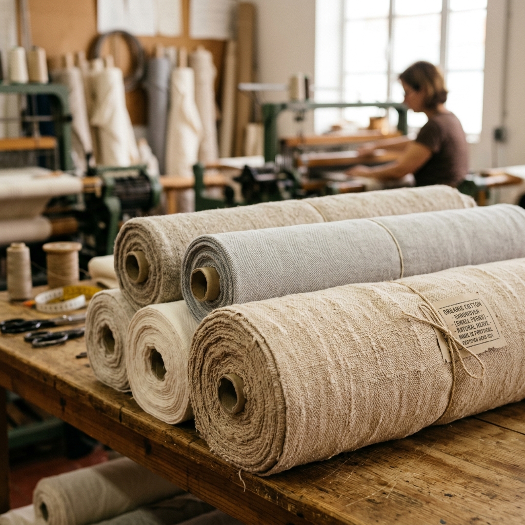 Organic Cotton fabric rolls in showroom